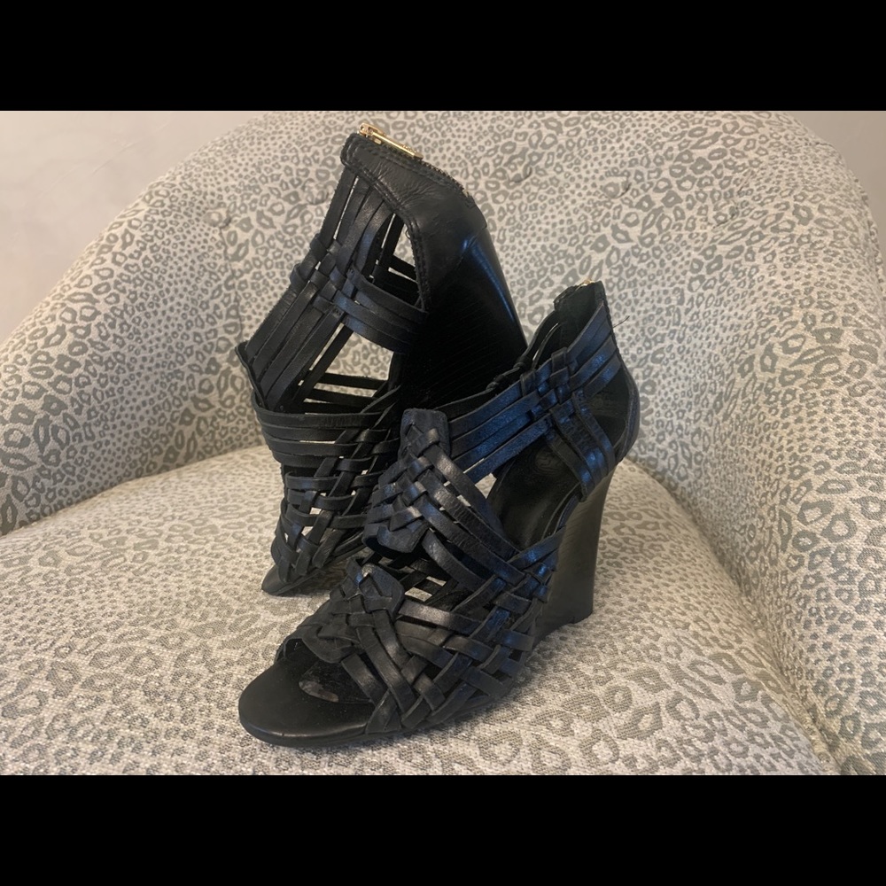Tory Burch wedge leather sandal, black, gold zipper. Size 6.5